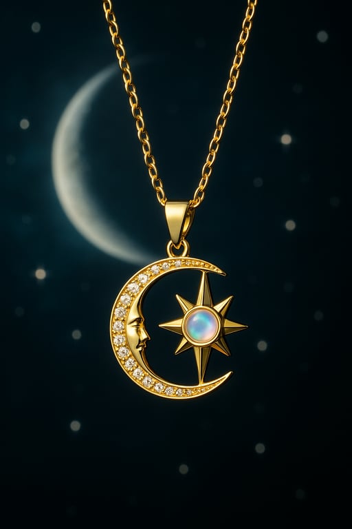 Gold necklace with moon and star pendant against a dark background