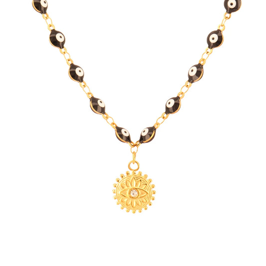 Close up Turkish evil eye pendant necklace blue charm spiritual jewelry