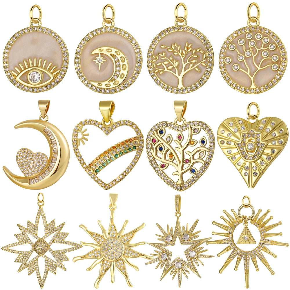 18K gold plated DIY charm set with Tree of Life evil eye moon star and hamsa pendants for jewelry making