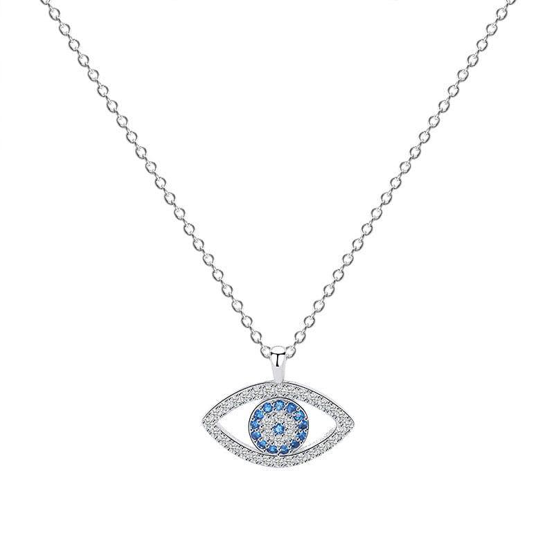 Evil eye pendant necklace with blue crystals and silver chain, spiritual protection jewelry