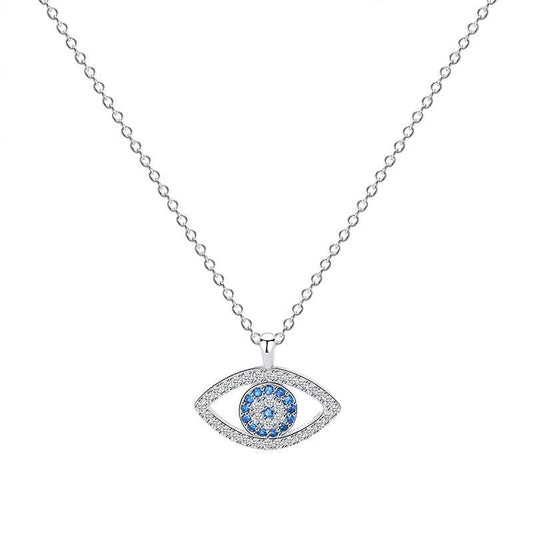 Evil eye pendant necklace with blue crystals and silver chain, spiritual protection jewelry