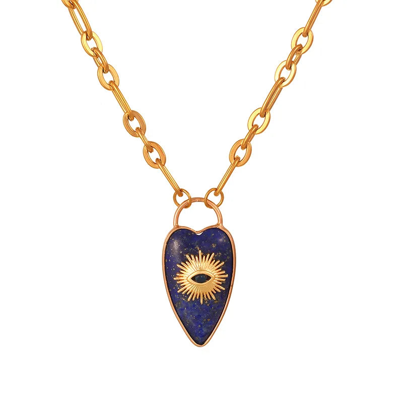 Necklace with a heart-shaped pendant featuring an eye design on a white background