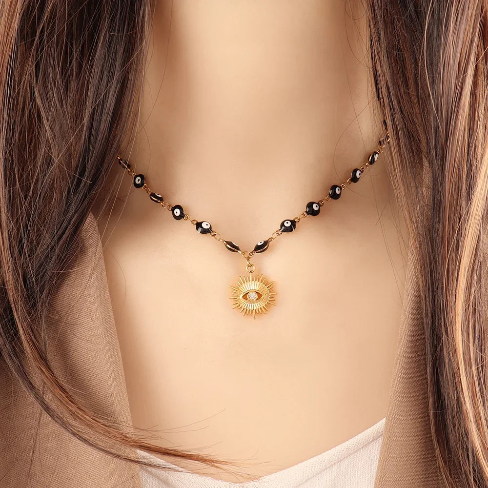 Blue charm lucky evil eye necklace stainless steel chain for protection