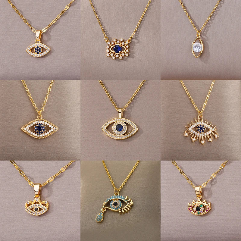 Blue zircon evil eye necklace for women gold stainless steel Turkish protection jewelry