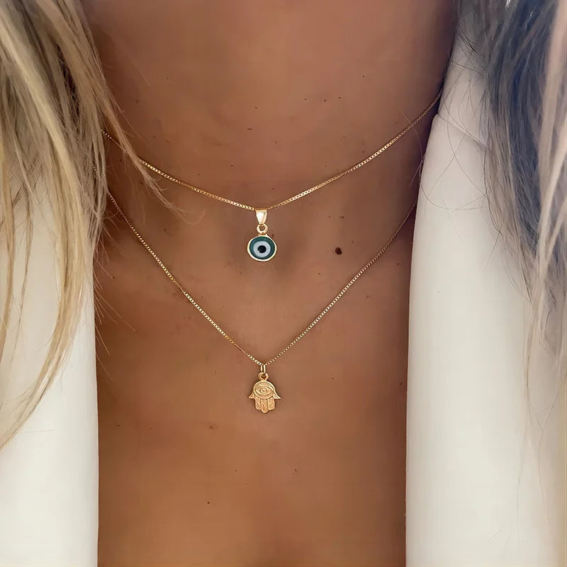 Double layer evil eye necklace with zircon stones for women lucky Turkish eye jewelry