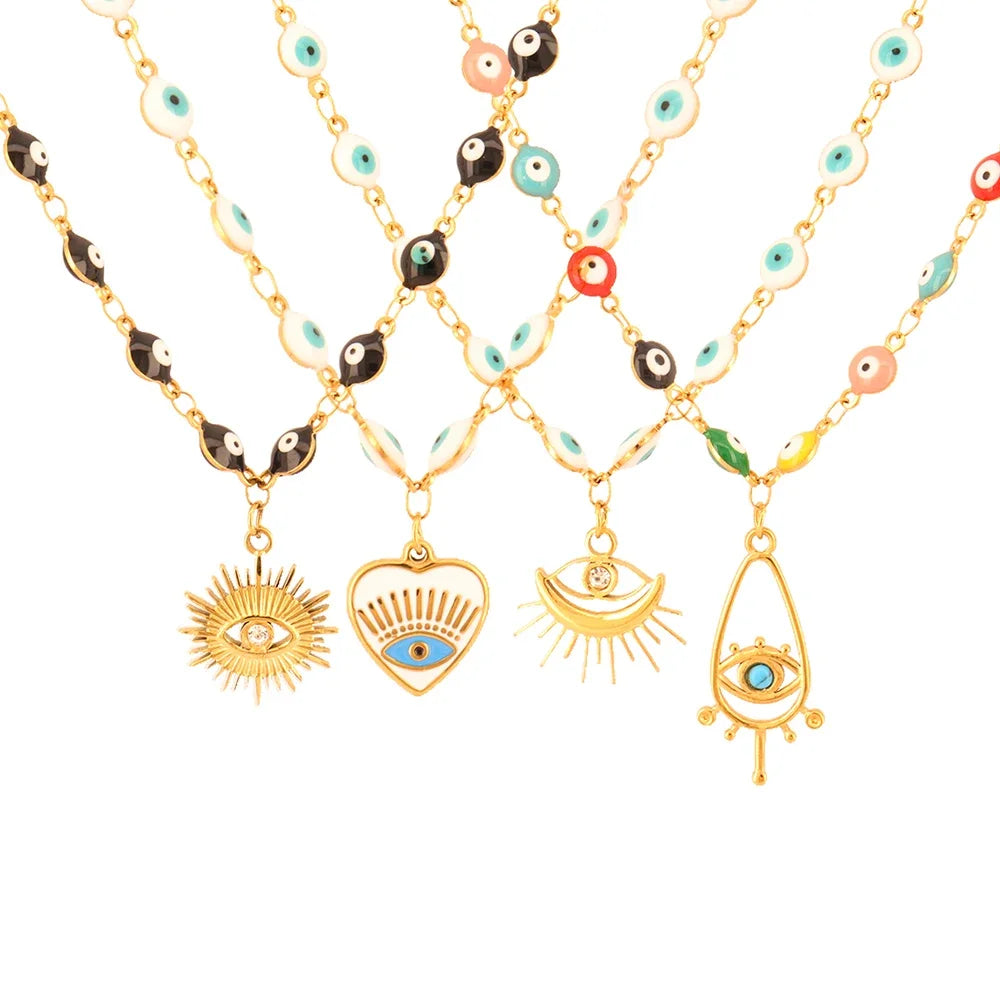 Model wearing blue evil eye necklace unisex fashion jewelry style