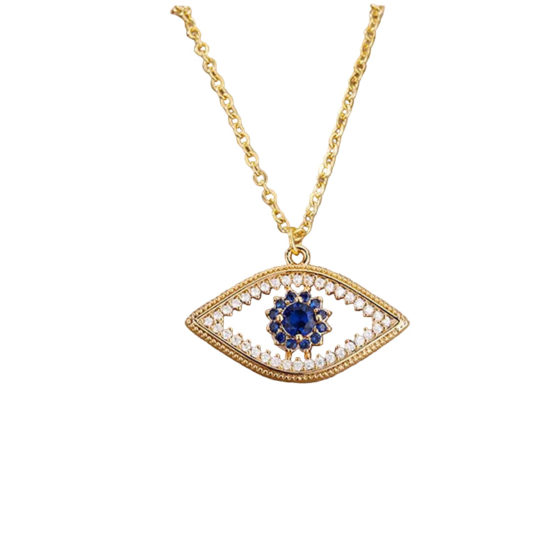 Gold necklace with an eye-shaped pendant featuring a blue gemstone on a beige box.