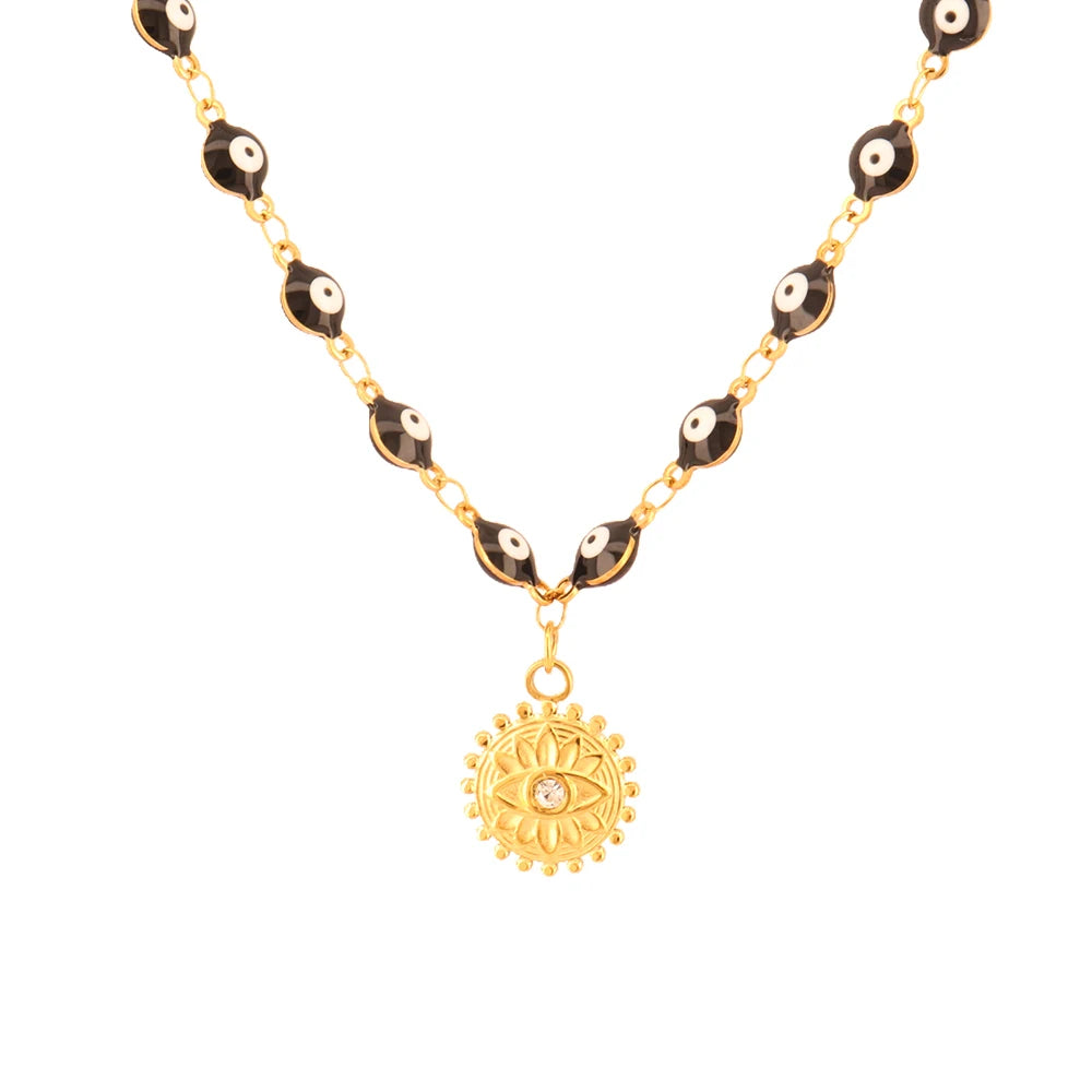 Close up Turkish evil eye pendant necklace blue charm spiritual jewelry