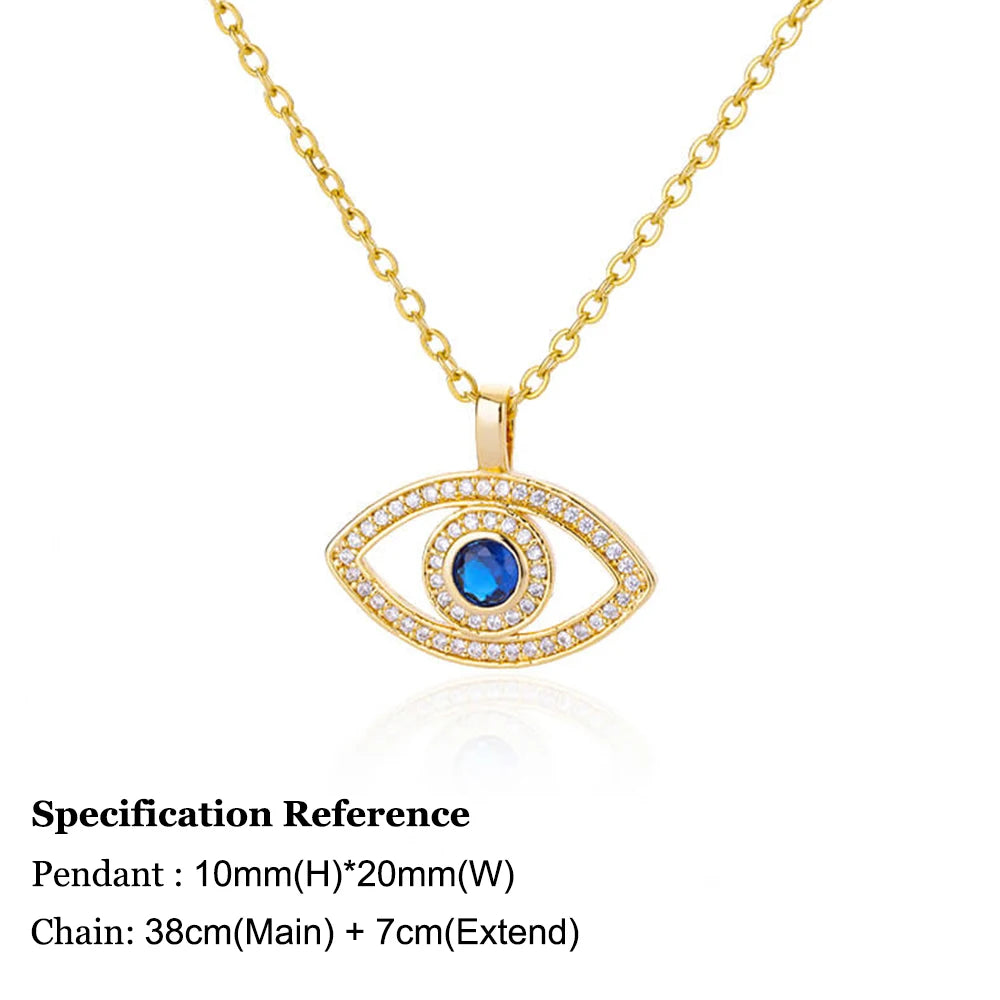 Gold necklace with eye-shaped pendant on a white background