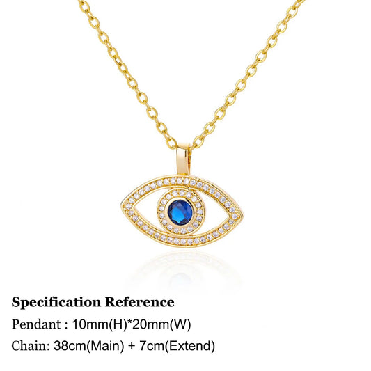 Gold necklace with eye-shaped pendant on a white background